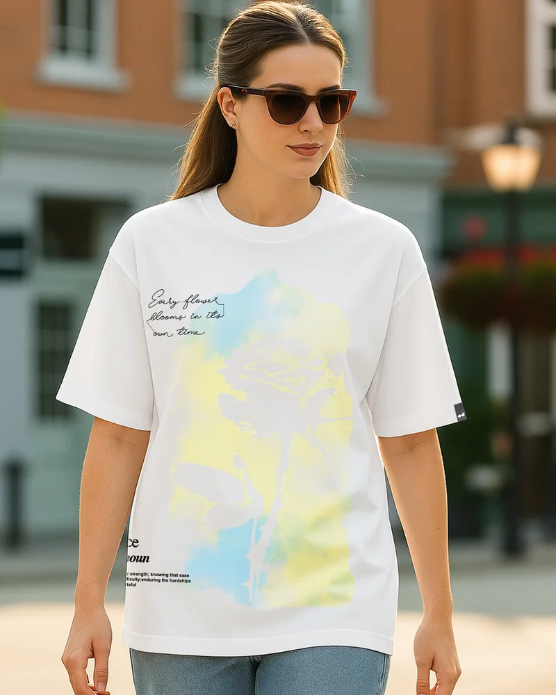 bewakoof Women's White Patience Graphic Printed Oversized T-shirt